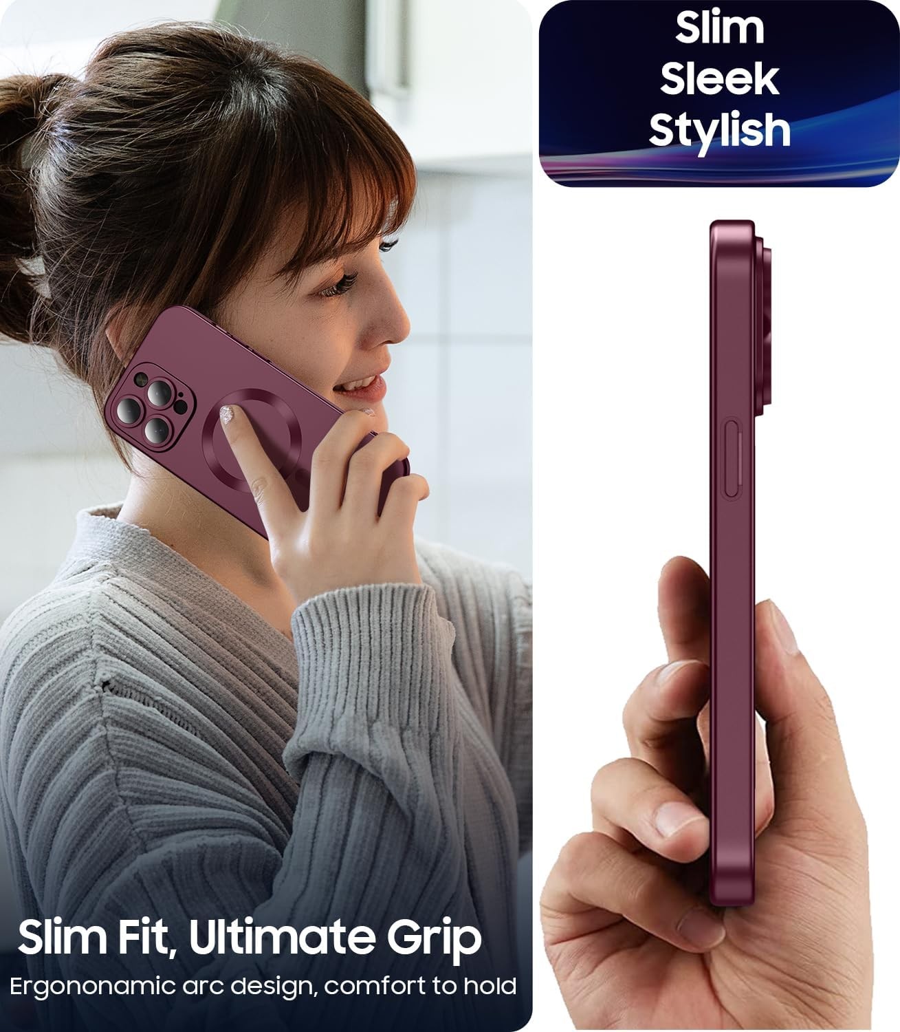 Magnetic for iPhone 15 Pro Case Slim Soft Silicone Bumper Shockproof Burgundy