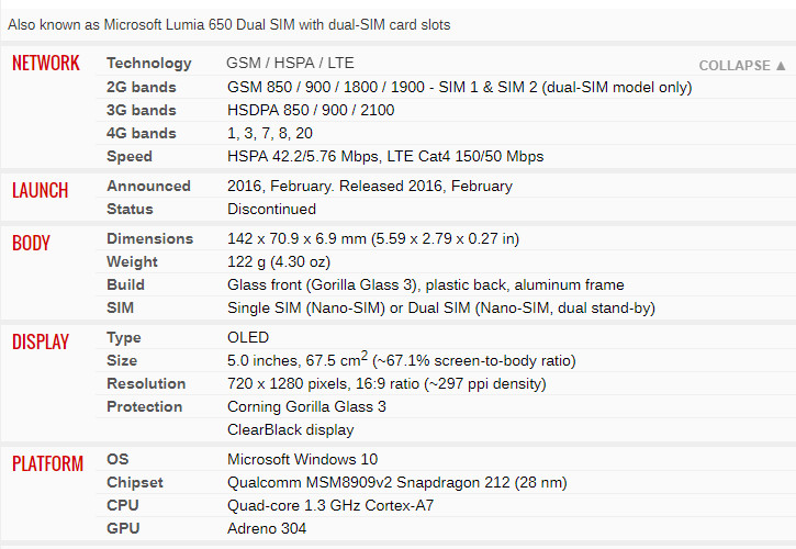 Microsoft Lumia 650 Single Dual SIM Windows Quad-core 16GB ROM 1GB RAM 4G LTE