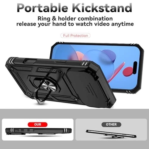 iPhone 17 Pro Max Case with Slide Camera Cover & Kickstand, Military Grade Black