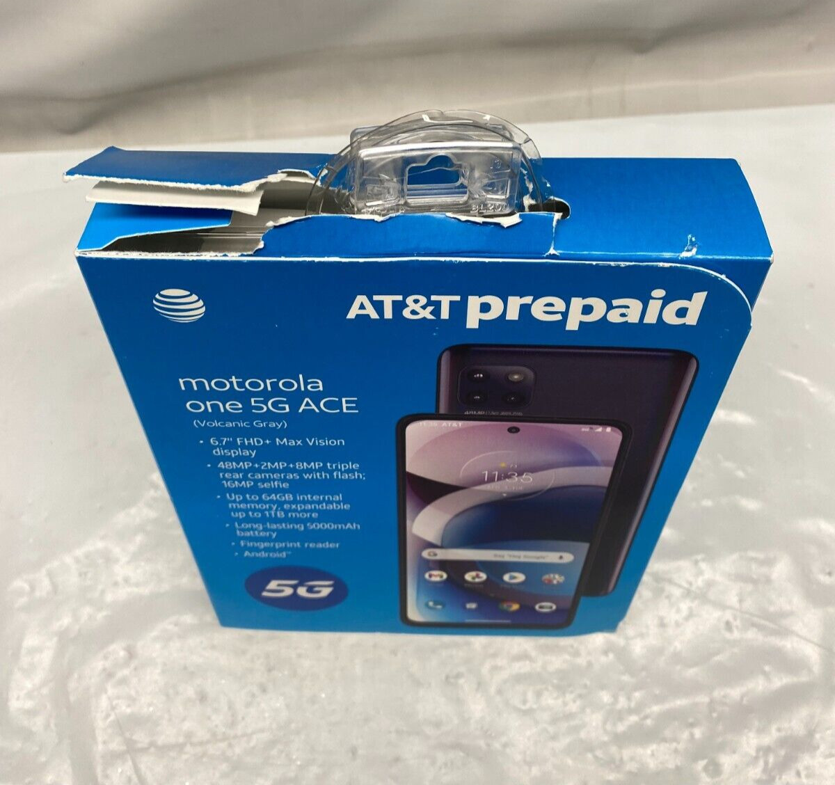 AT&T Prepaid Smartphone, Motorola One 5G Ace, 64GB, Volcanic Grey – Torn Package