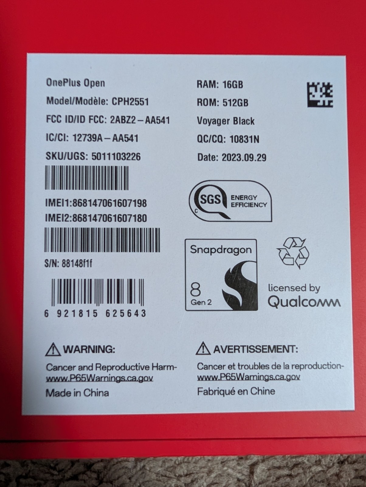 OnePlus Open Foldable Smartphone 512GB 16GB RAM Black CPH2551