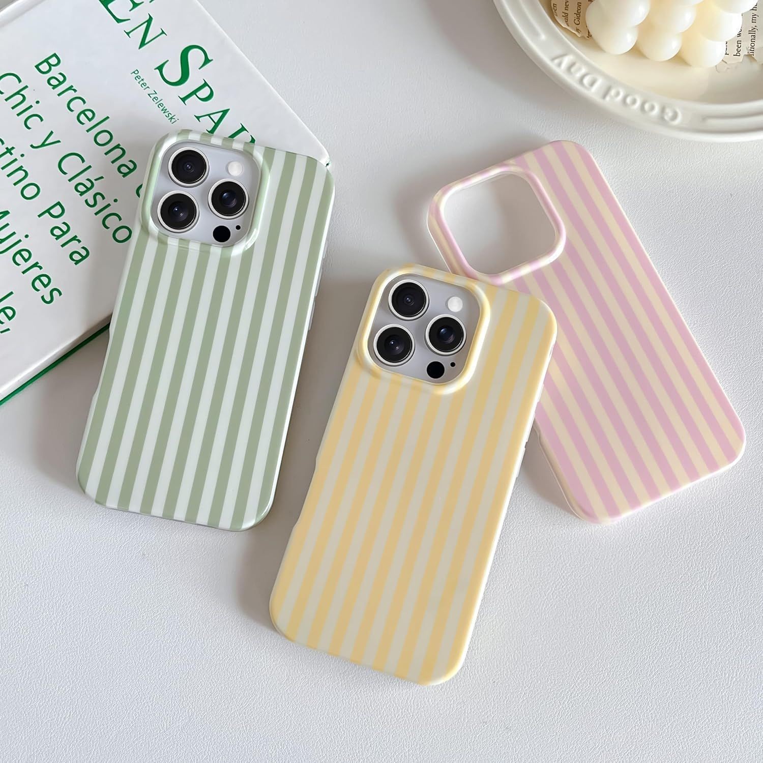 Cute Striped Soft TPU Slim Shockproof Phone Cover for iPhone 16 Pro, Pink & Yell