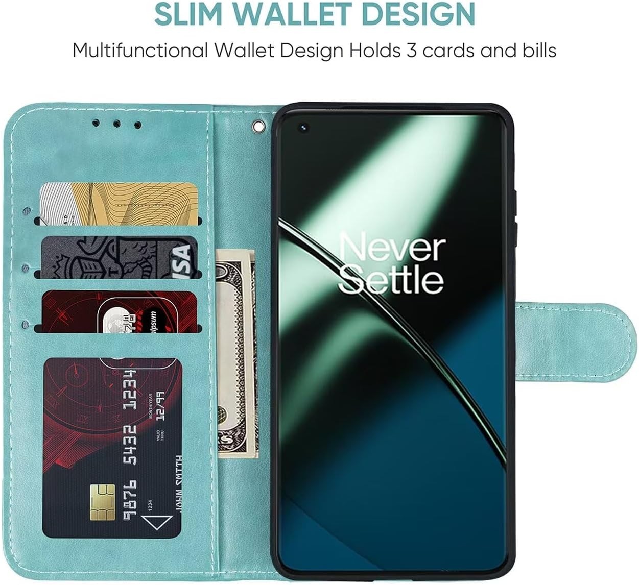 OnePlus 11 5G Wallet Case with Tempered Glass Protector, Green Leather Flip Cove