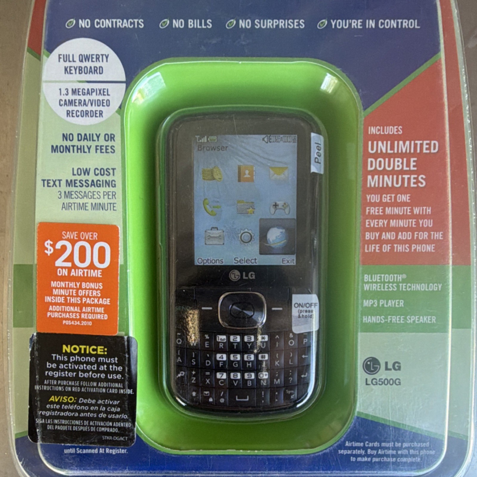 LG LG500G Black TracFone Prepaid Bar Cell Phone QWERTY Bluetooth 1.3MP