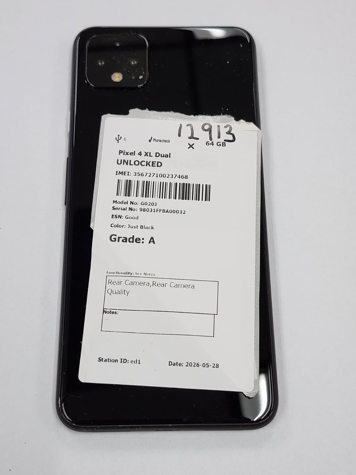 DEFECTIVE – Google Pixel 4 XL – 64 GB – Black – Unlocked – G020J – 12913