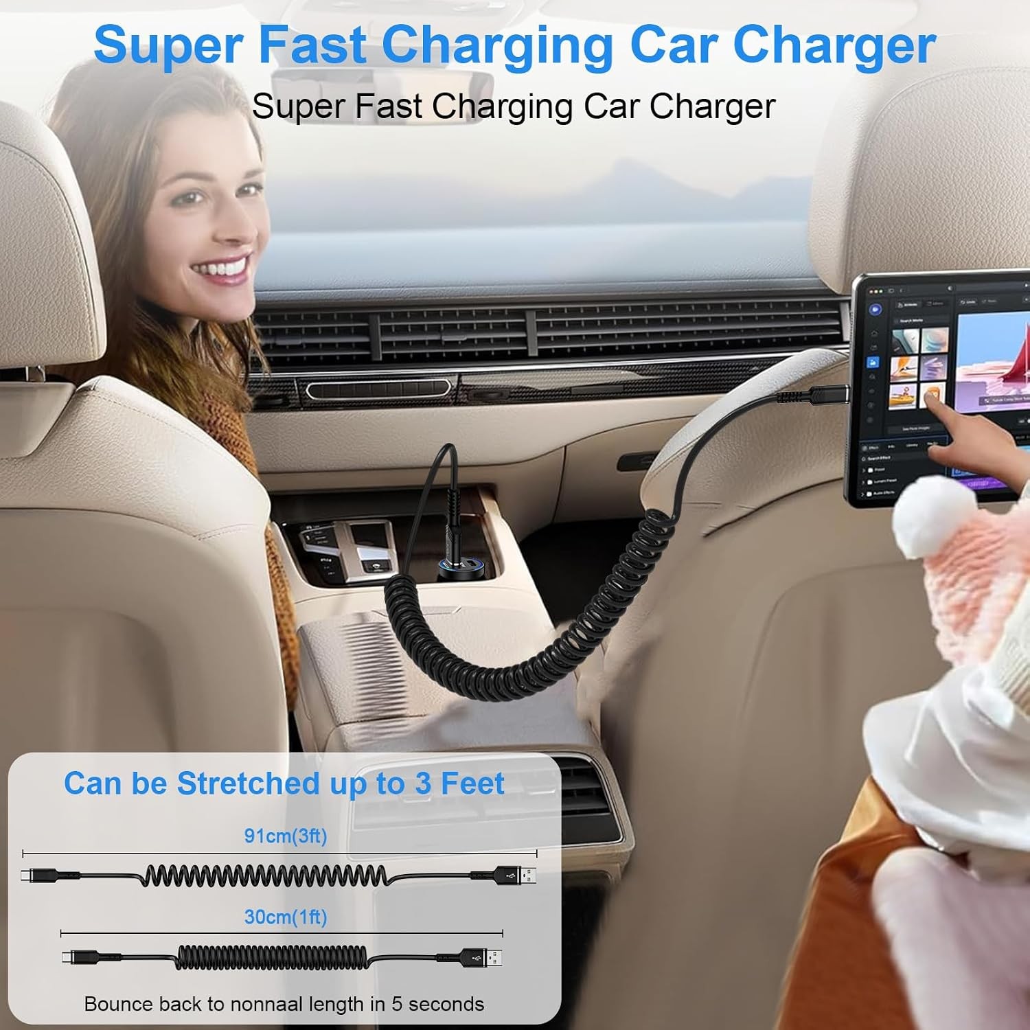 USB to USB-C Fast Charger for iPhone 17/16, 3FT Retractable Cable