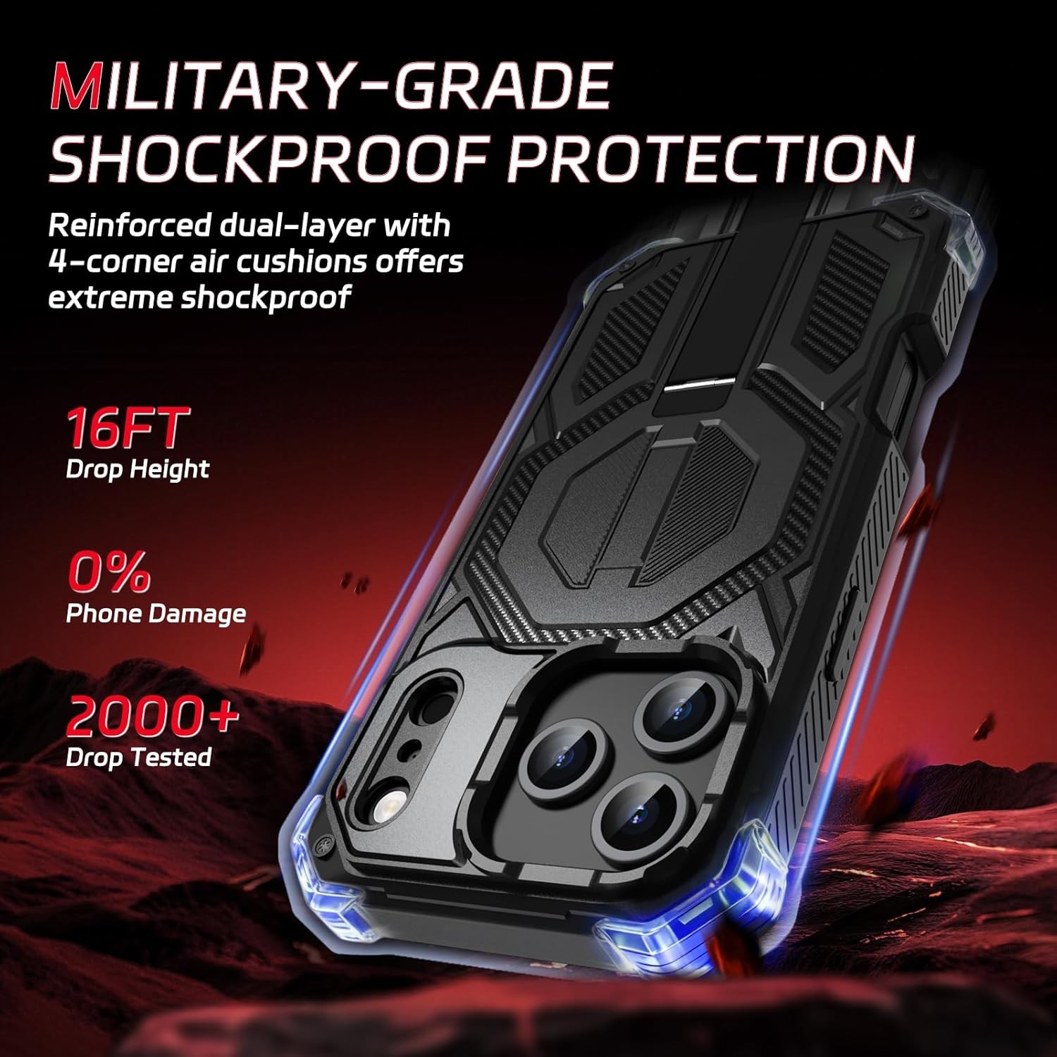 iPhone-17-Pro-Max Case, Metal Kickstand, Military-Grade Heavy Duty Protection Fu