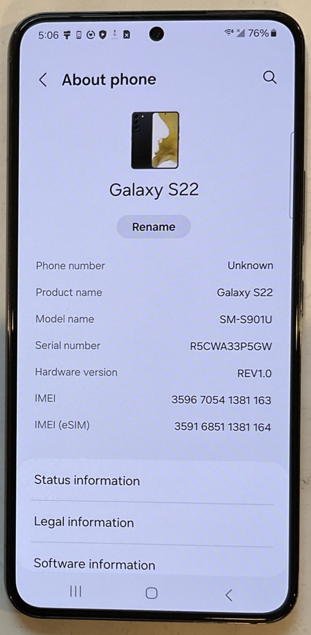 TESTED USED GSM UNLOCKED SAMSUNG GALAXY S22, SM-S901U 128GB ANDROID SMARTPHONE