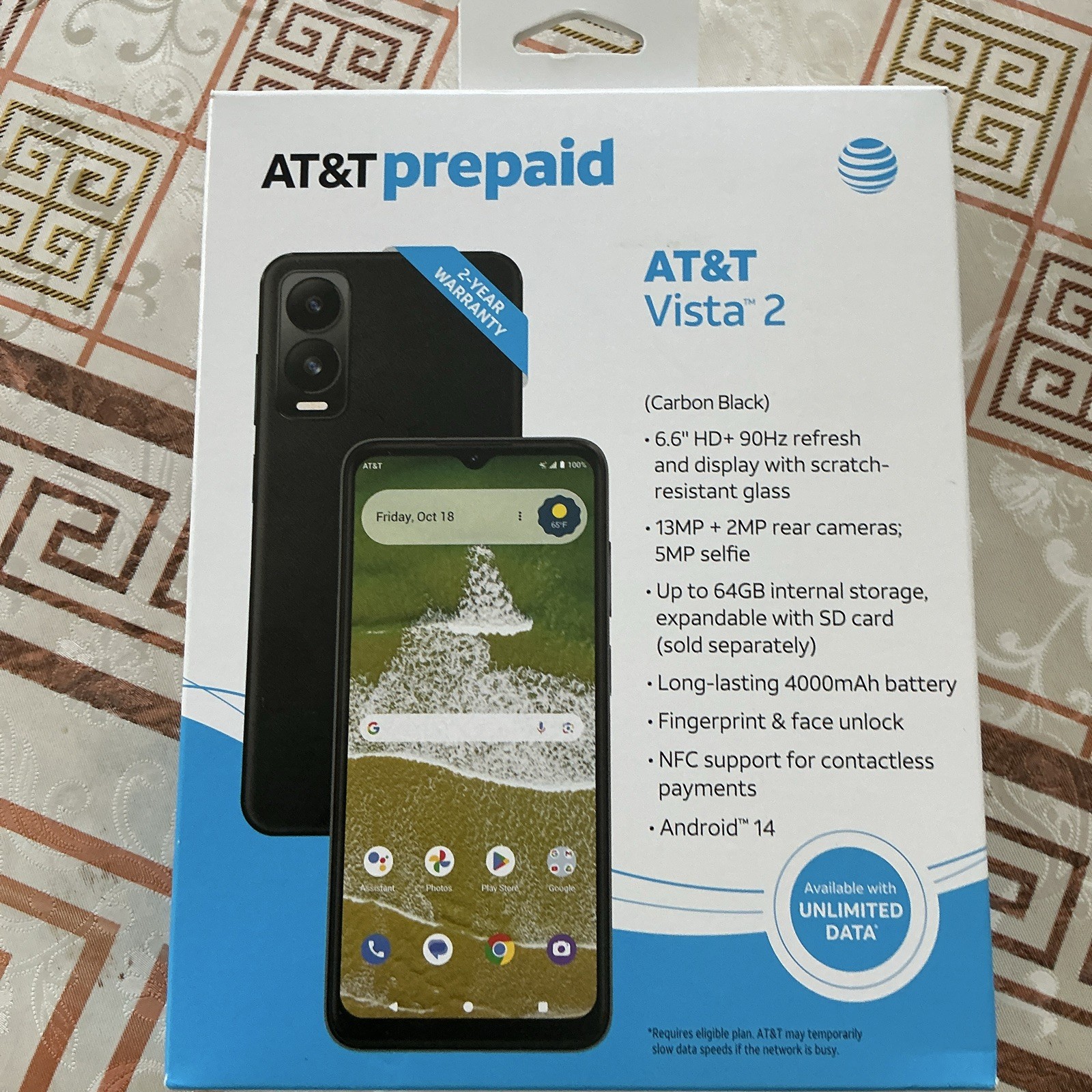 AT&T Vista 2 Prepaid 64GB Black 6.6in 13MP NFC Fingerprint Android 14