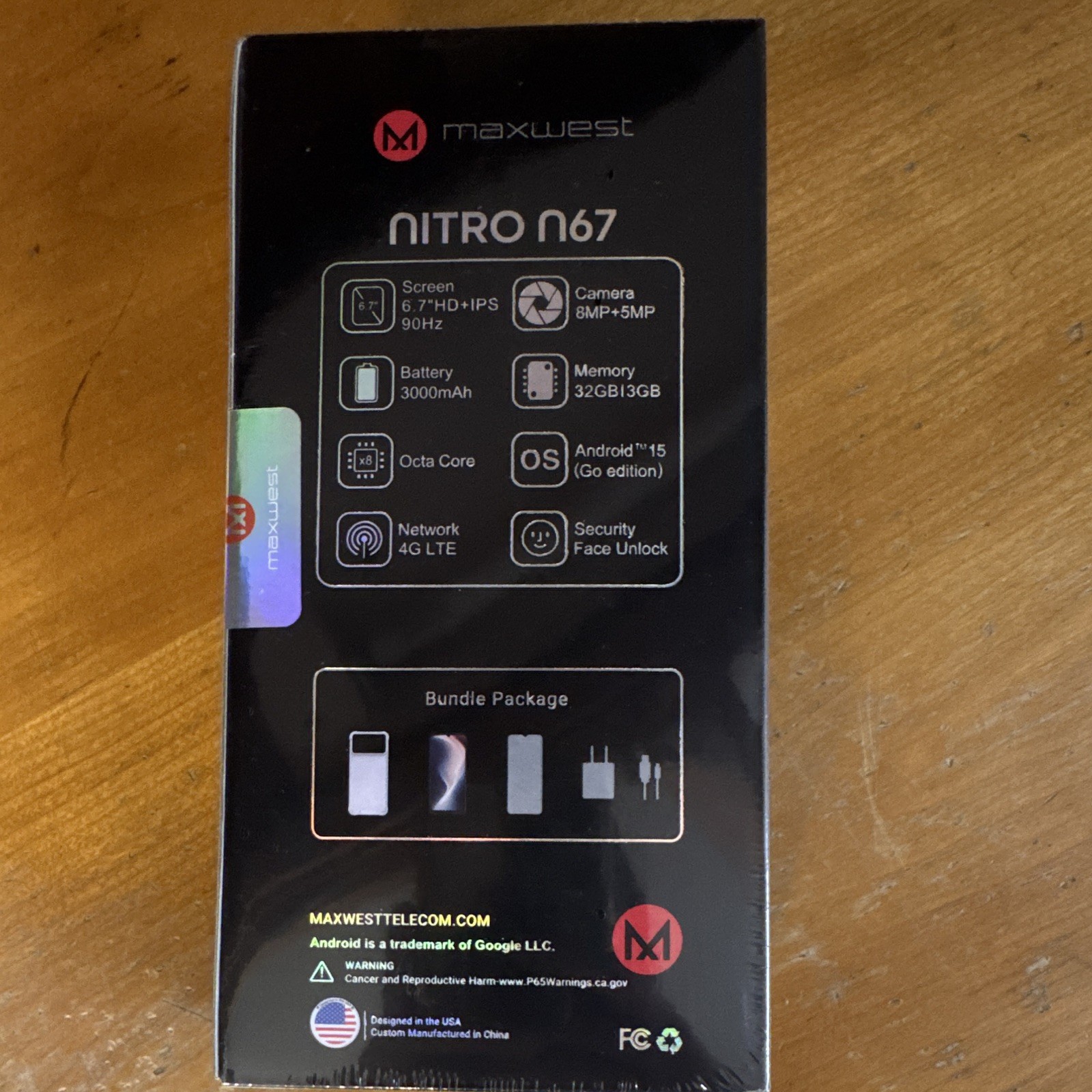 Unlocked Maxwest NITRO N67 32GB Black 4G LTE Android 15 Go 6.7in Face Unlock