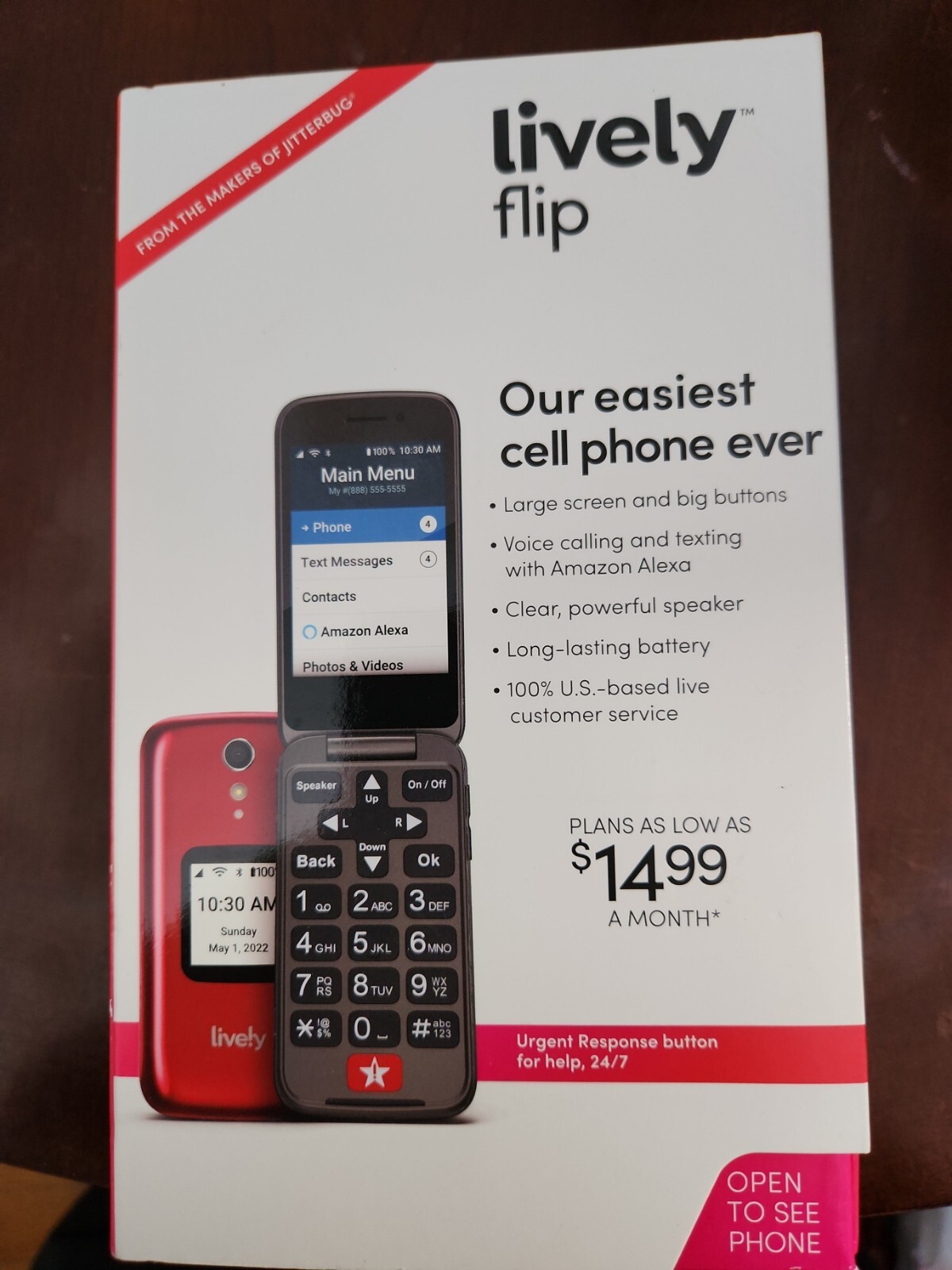 Lively Flip Phone – Easy-To-Use Flip Phone – #4053SJ7RED-8IN