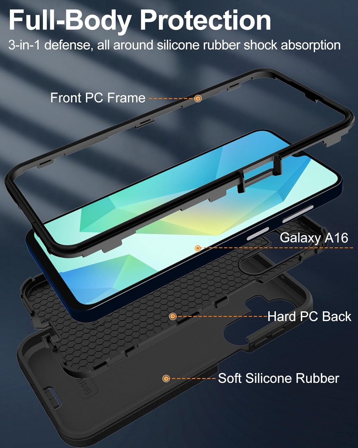 3-Layer Black Phone Case for Samsung Galaxy A16 5G, 16ft Drop Protection