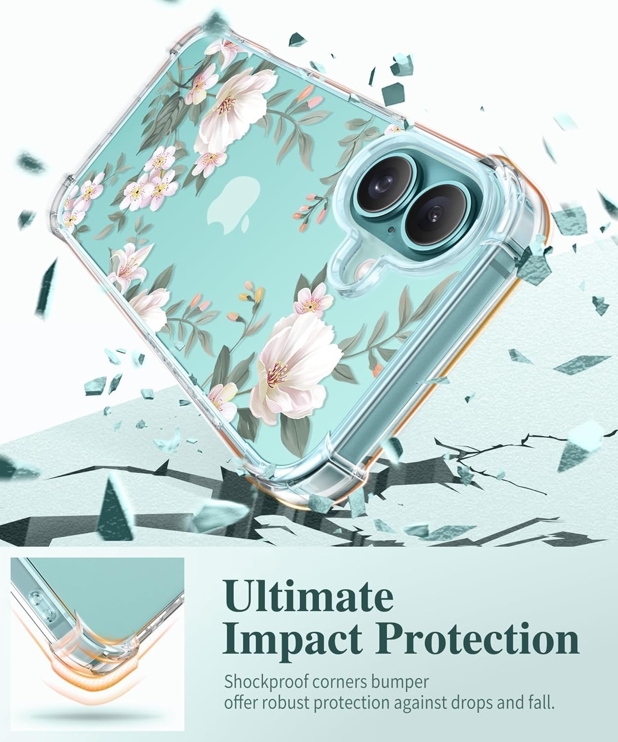iPhone 16 Case Floral, Soft Shockproof Clear Phone Protective Cover, 6.1″ Design