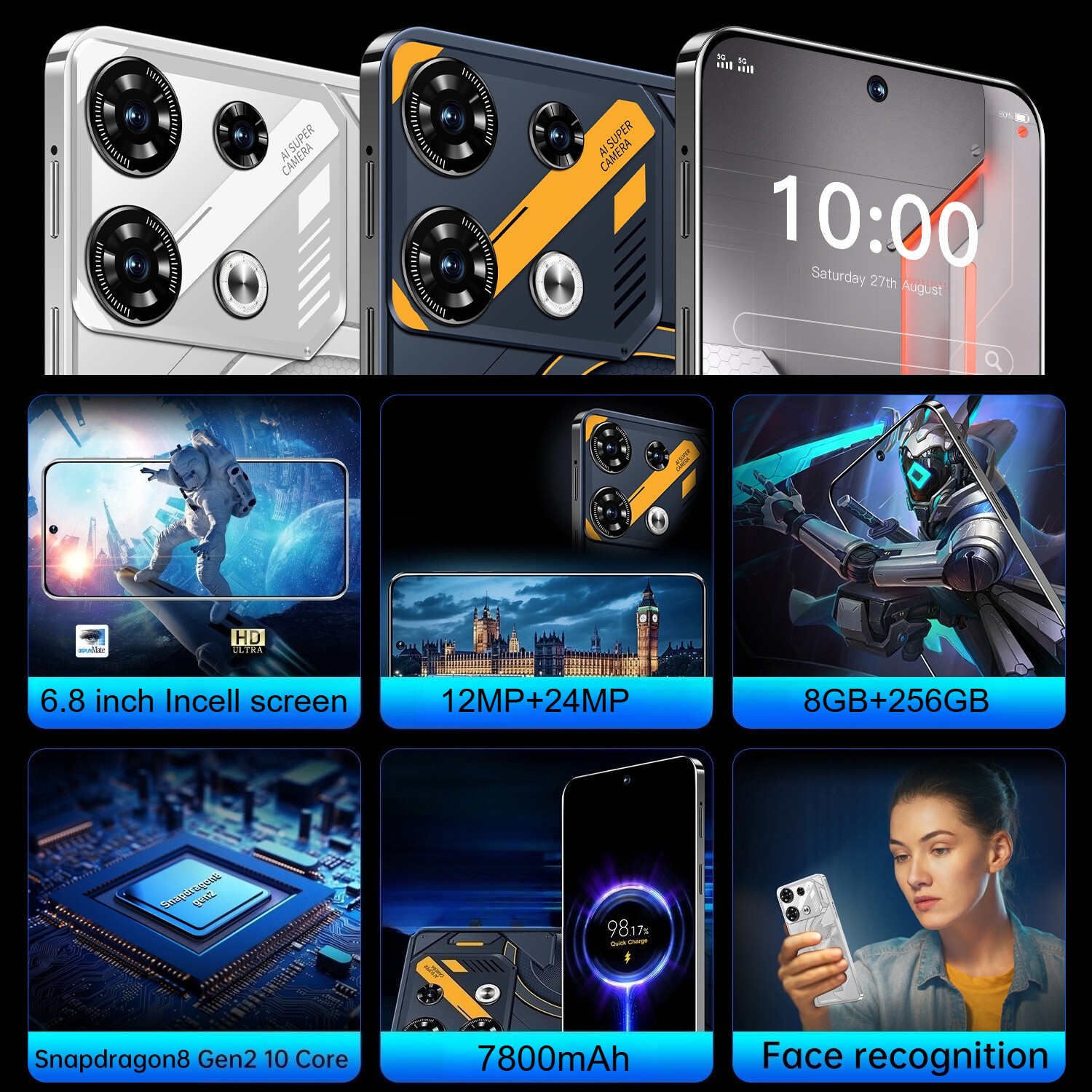 GT10 Pro Smartphone 6.8″ HD Factory Unlocked Android 8+256GB 7800mAh Dual SIM