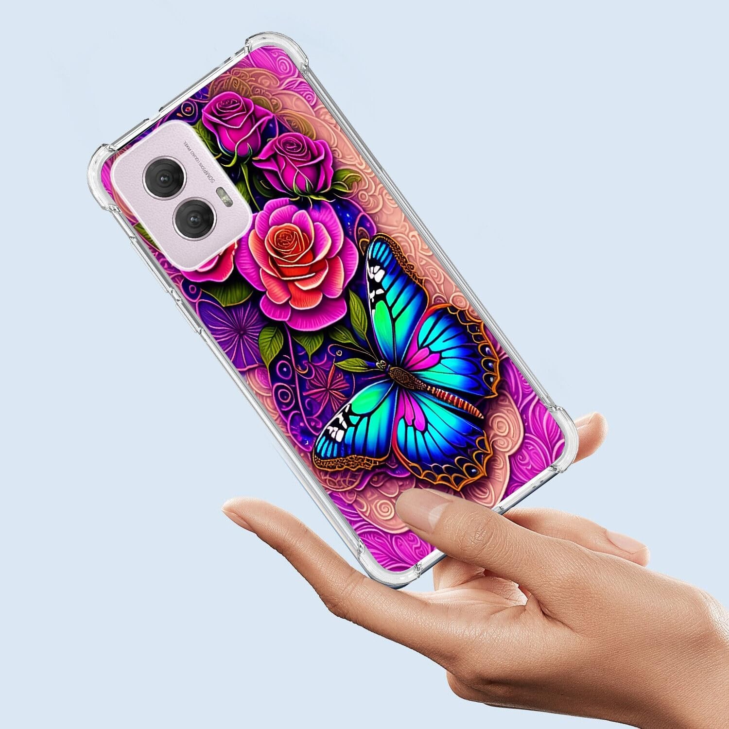 Case for Moto G Power 5G 2024, Blue Butterfly Flowers Rose Shockproof Protective