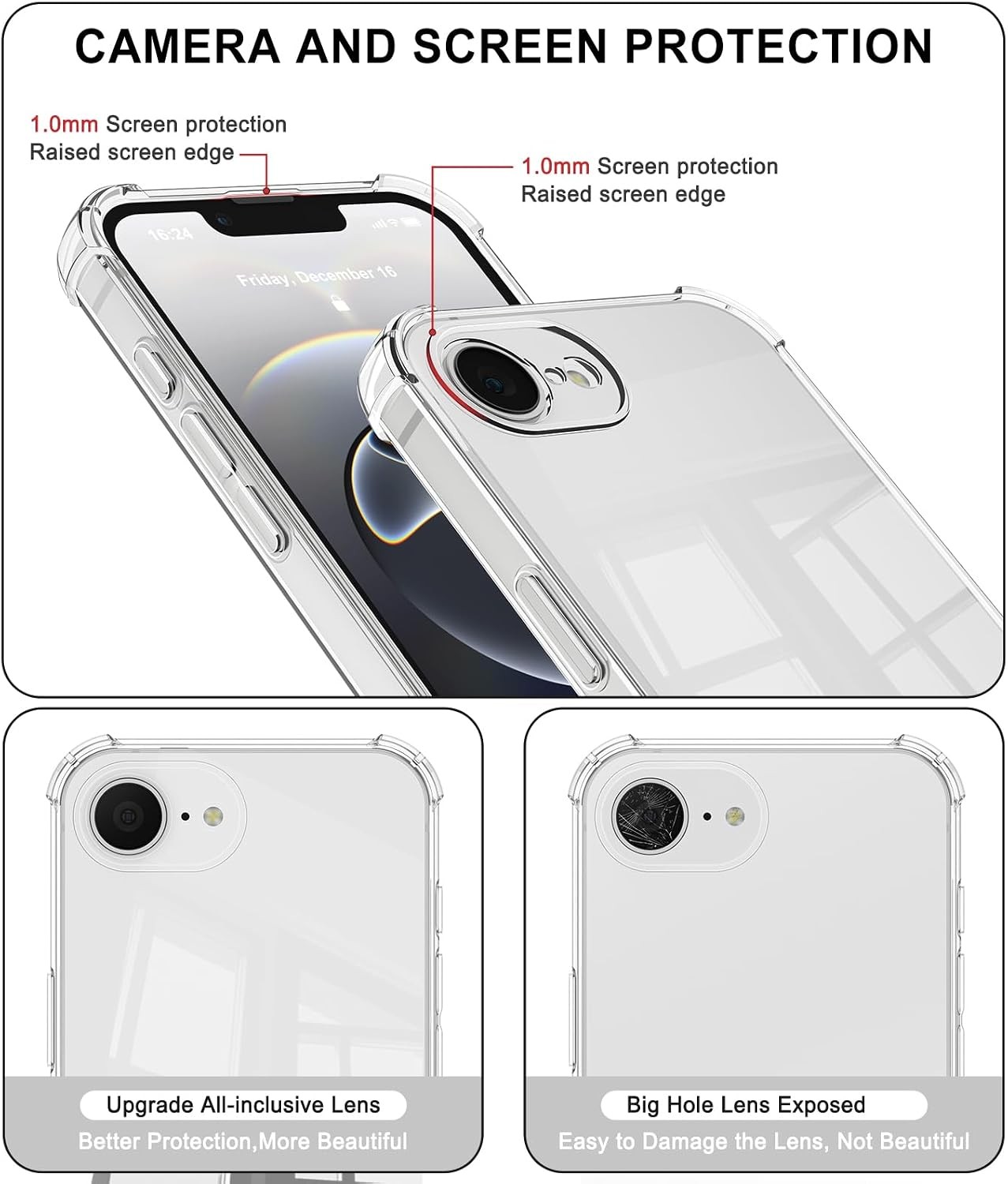 Soft Slim Clear Case & Screen Protector for iPhone 16e / iPhone 17e 6.1 Inch Sho