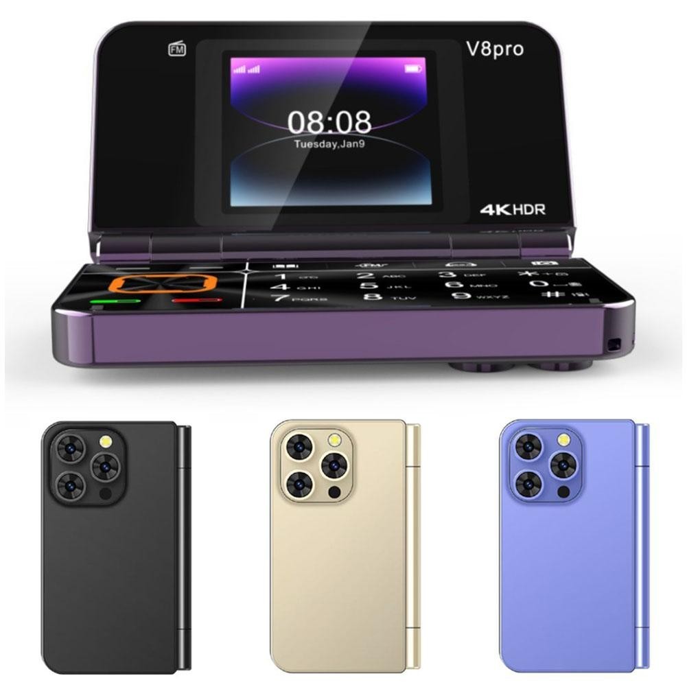 Dual Screen Mobile Phone Folding Flip Cell Large Button V8 Pro Sim Flashlight