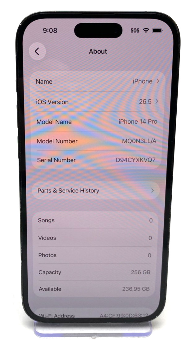 IPHONE 14 PRO A2650 256GB ~BLACK~ UNLOCKED CDMA + GSM ~MQ0N3LL/A~ OS 26.5 BH 78%