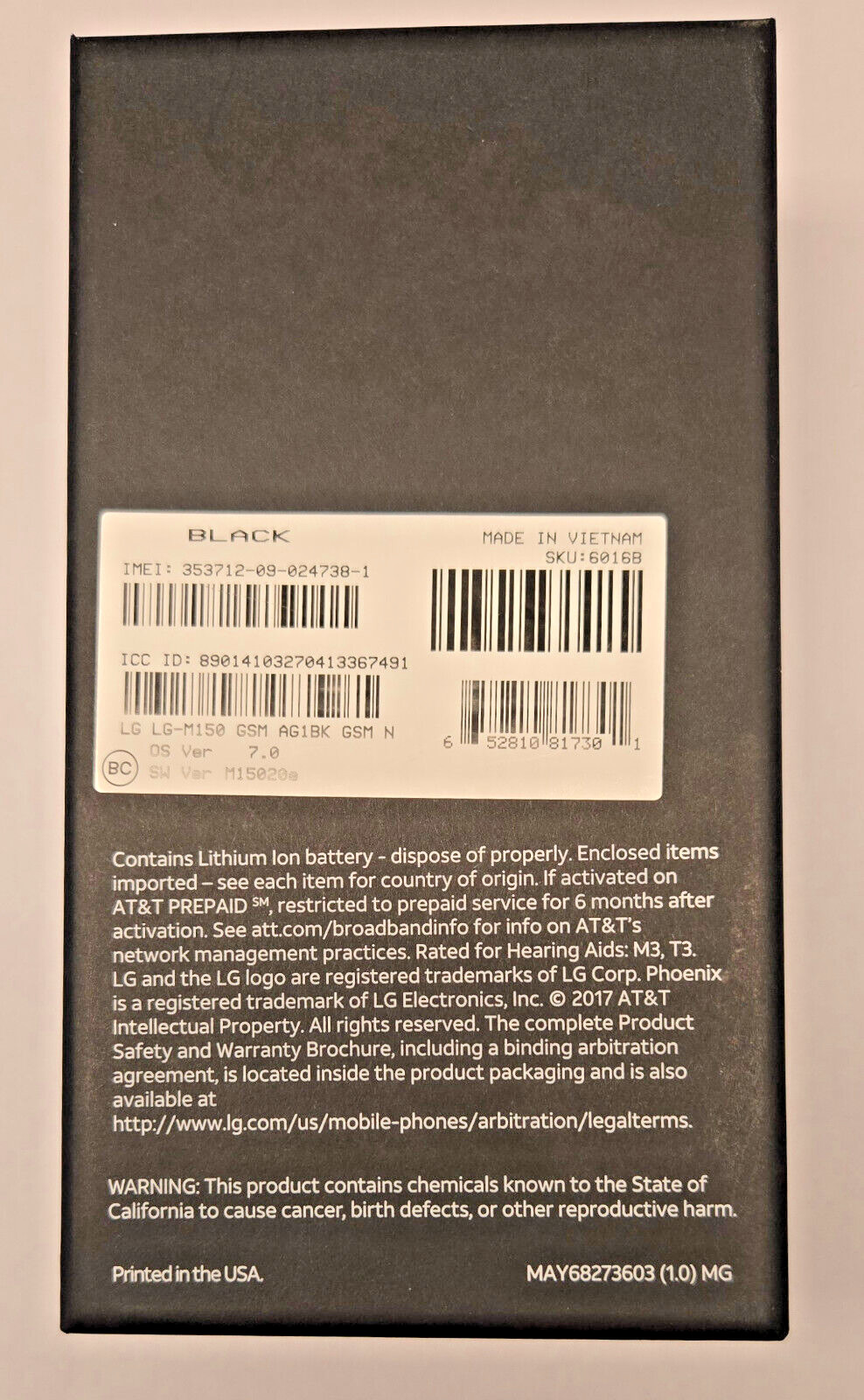 LG Phoenix 3 Smartphone AT&T Android, with box and manual. Working.