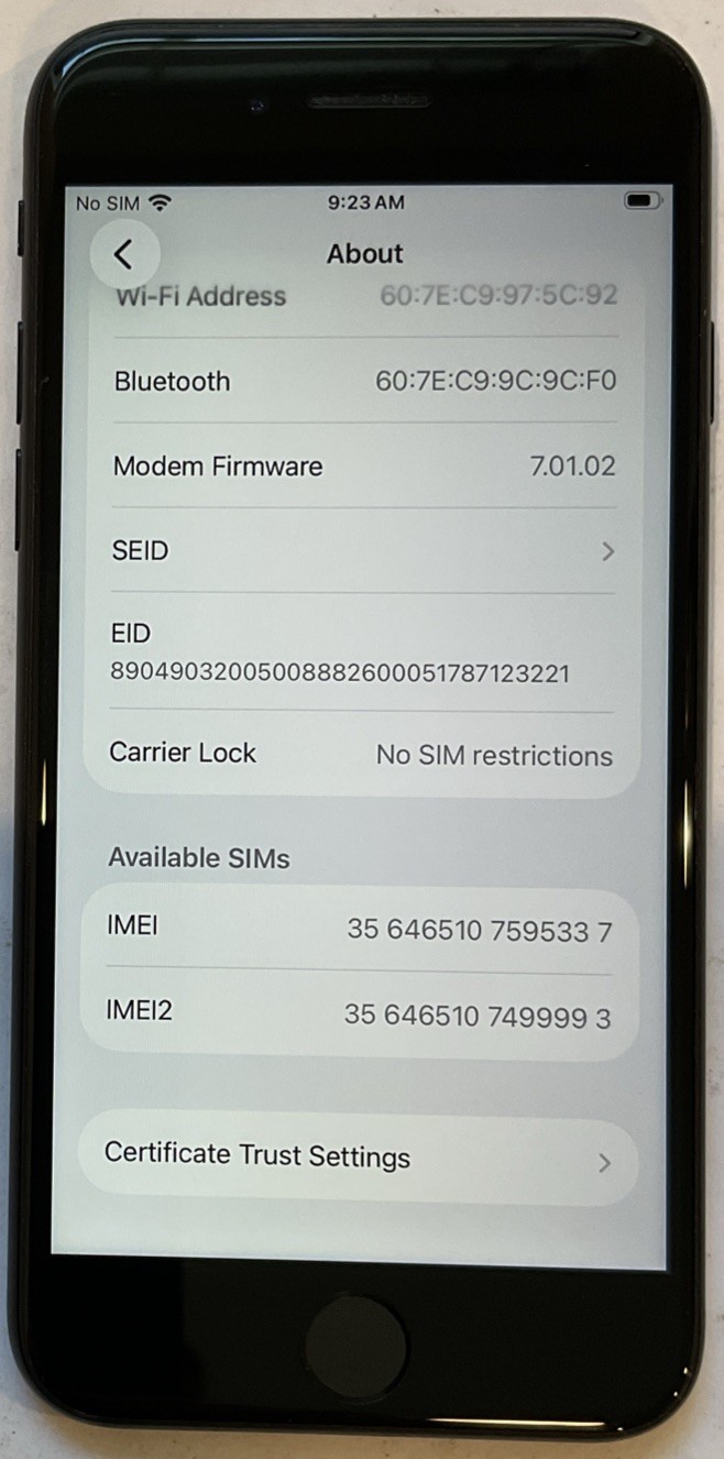 TESTED USED GSM UNLOCKED BLACK iPhone SE 2020, 64GB A2275 MX9K2LL/A, 95% BATTERY