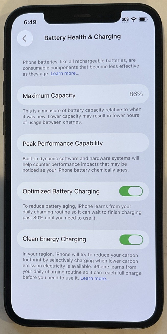 USED BLACK GSM UNLOCKED iPhone 12, 64GB A2172 MGF43LL/A WITH 86% BATTERY HEALTH