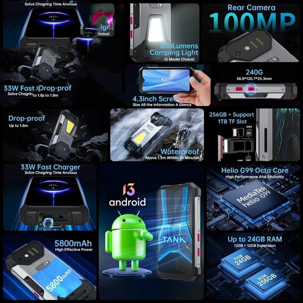 Unihertz 8849 Tank Mini Rugged Small Phone 4.3″ 24GB+256GB 100MP Helio G99 IP68