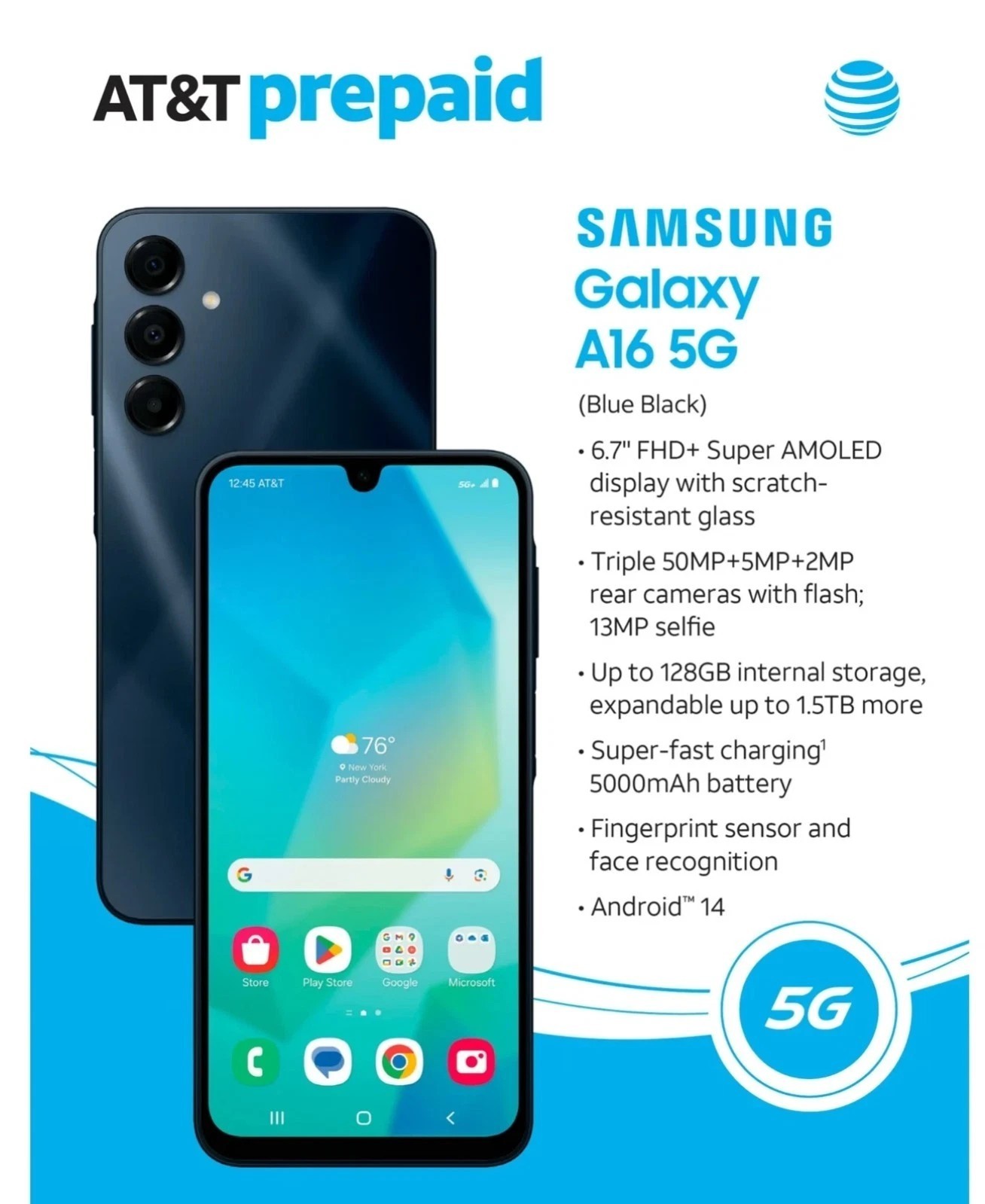 New Samsung Galaxy A16 5G 128GB SM-S166V Factory Unlocked 6.7″ 12MP Blue Black