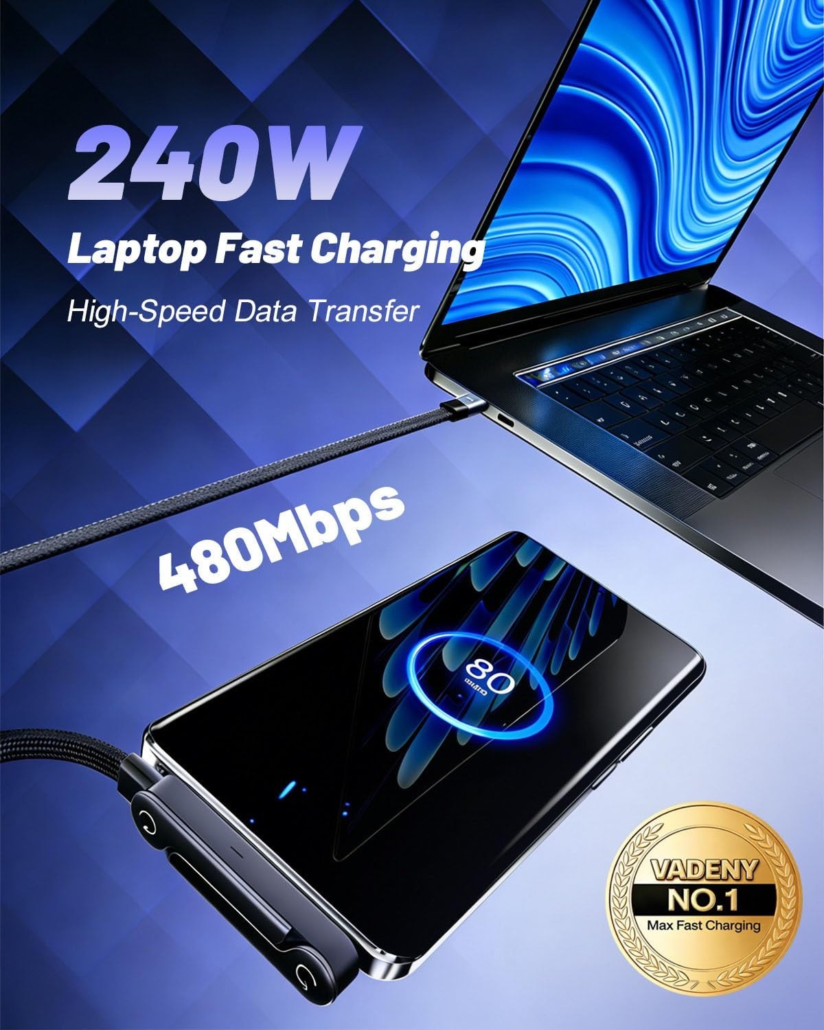 240w USB-C Charge Cable Invisible Holder Sideways Phone Charger 5 Ft Type-C Fast