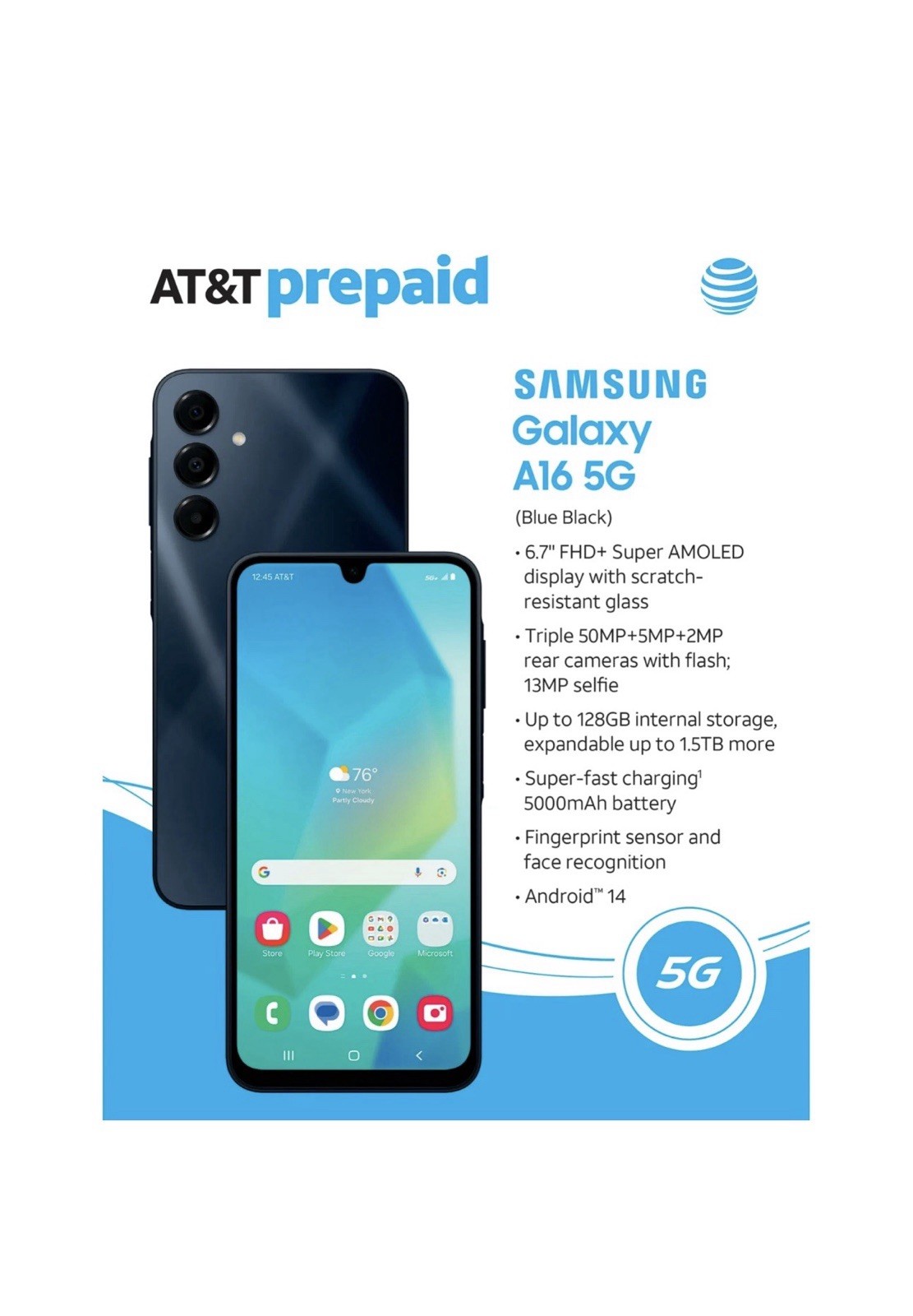 Samsung Galaxy A16 5G, 64GB, Blue Black – At&t Prepaid Smartphone – Brand New