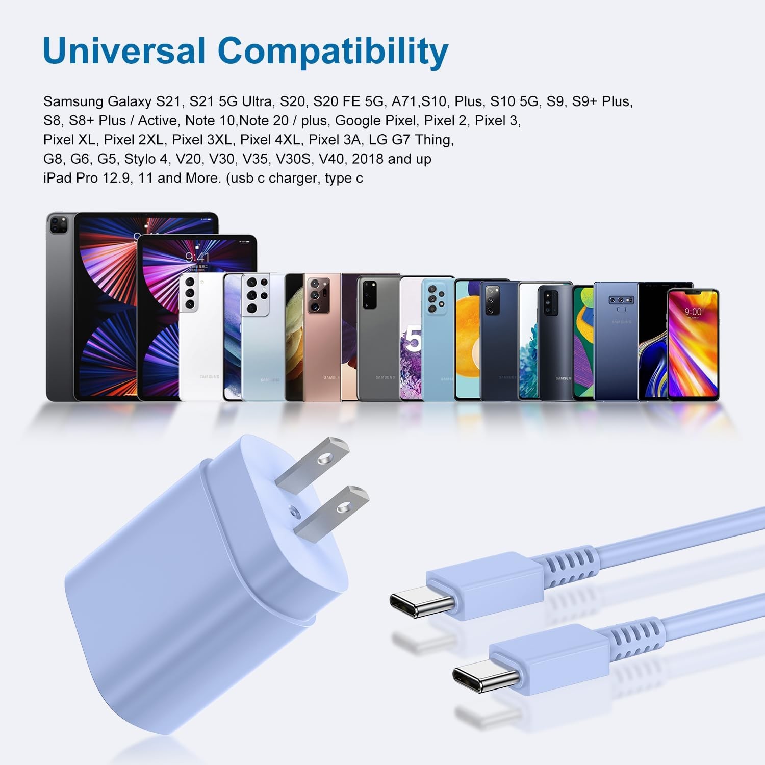 2 Pack 25W PD USB-C Fast Wall Charger for Samsung Galaxy S23 S22, 3ft Cable