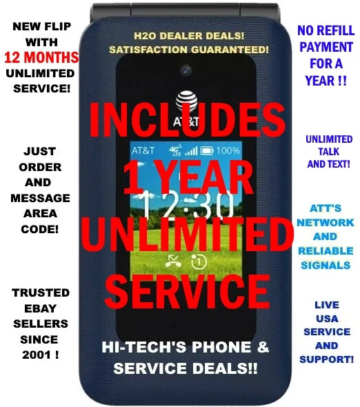 PHONE AND FREE UNLIMITED ✅ Y E A R !! ✅ NEW H2O Wireless “Flex” Flip Phone