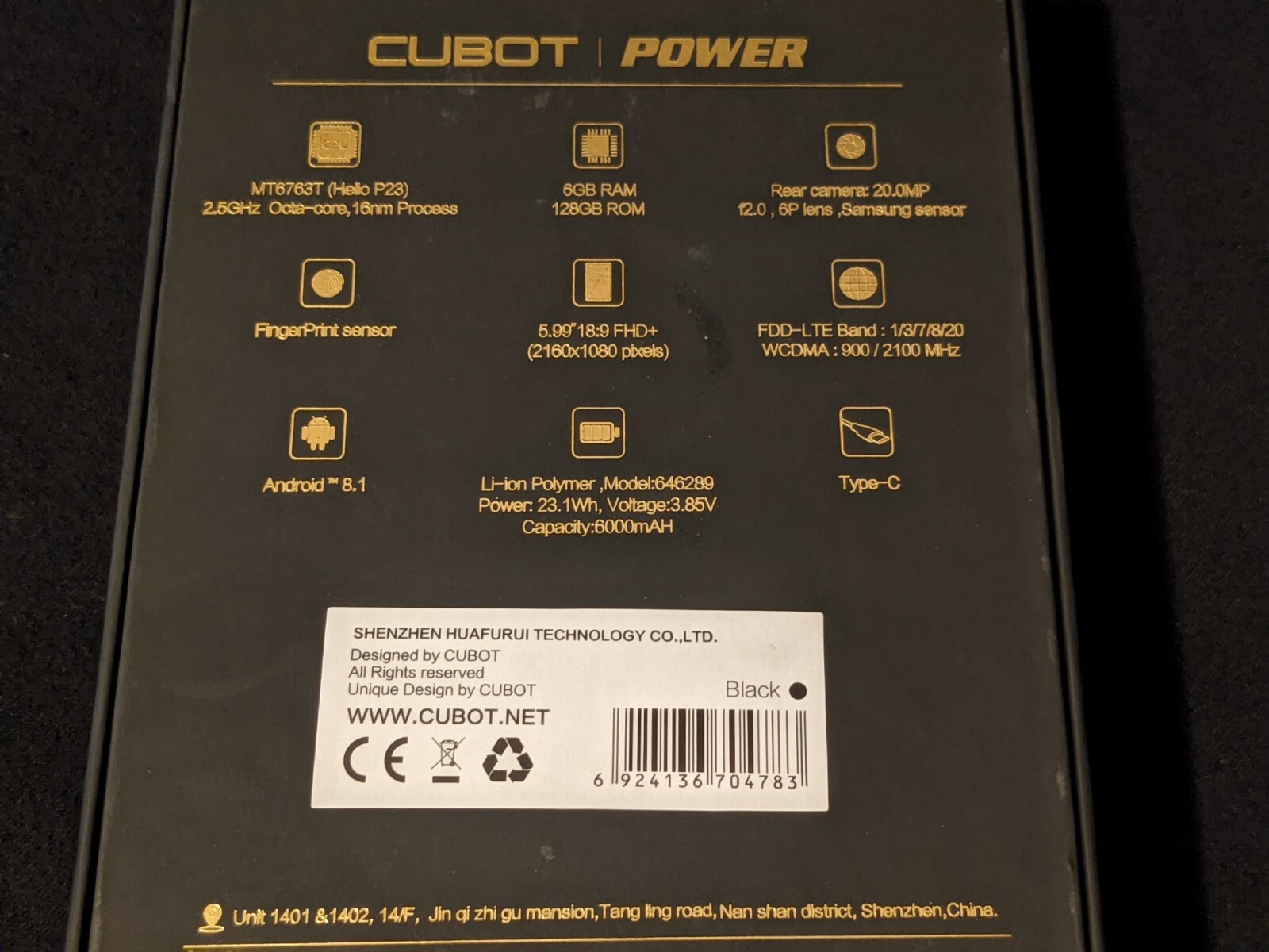 CUBOT POWER 4G Phablet 6inch Android 8.1 MT6763T Octa Core 2.5GHz 6GB RAM 128GB