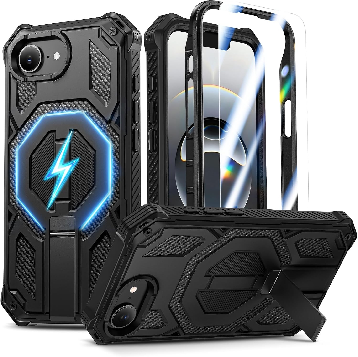 Black Magnetic Case with Screen Protector for iPhone 16e/17e, Heavy Duty Design