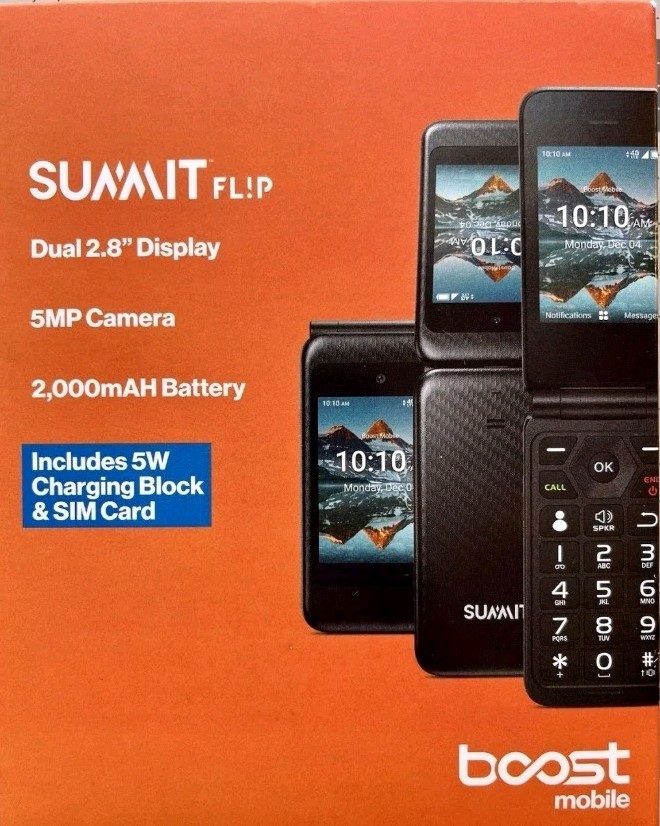 NEW SEALED! BOOST MOBILE SUMMIT FLIP PHONE DUAL 2.8” DISPLAY 8GB INCLUDE SIM