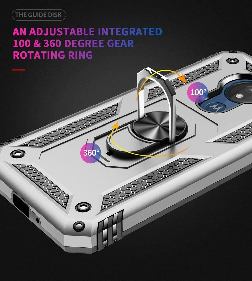 For Motorola Moto G7 Power Case 360 Metal Rotating Ring Kickstand Cover Silver