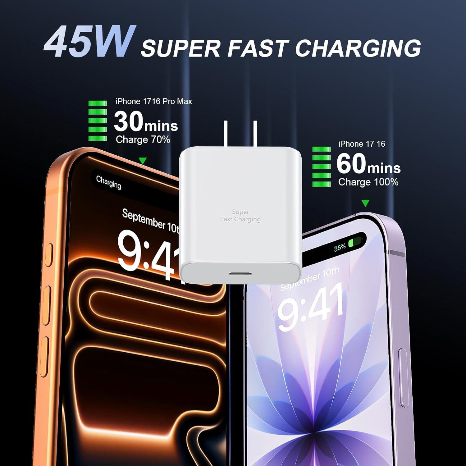 45W USB-C Fast Charger Block for iPhone 17/16 10ft Cable