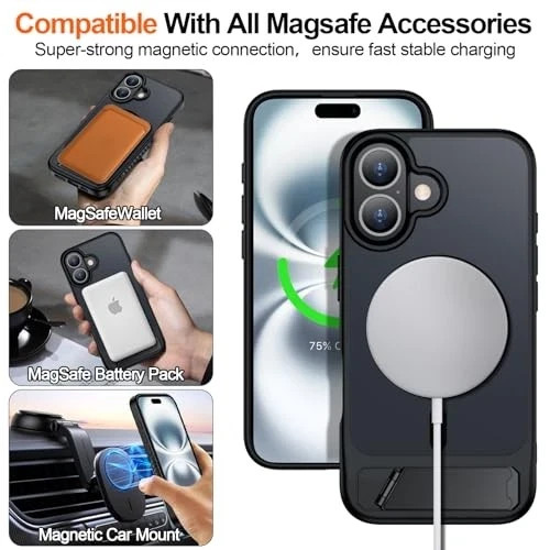 Slim Translucent Matte Case for iPhone 16 with Kickstand, Military-Grade Protect