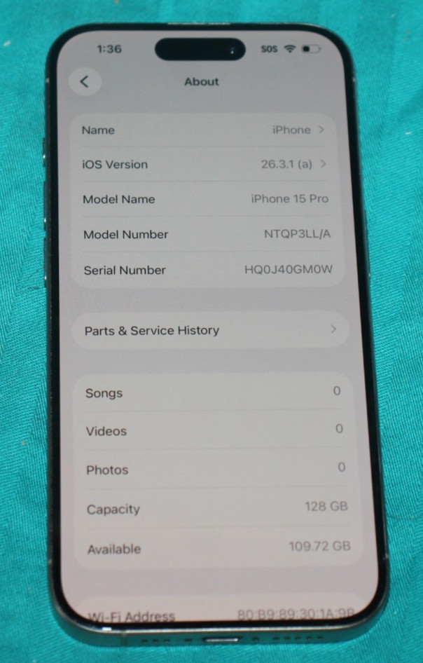 Apple iPhone 15 Pro 128GB Unlocked Very Good Condition – Silver – 88% BATTERY