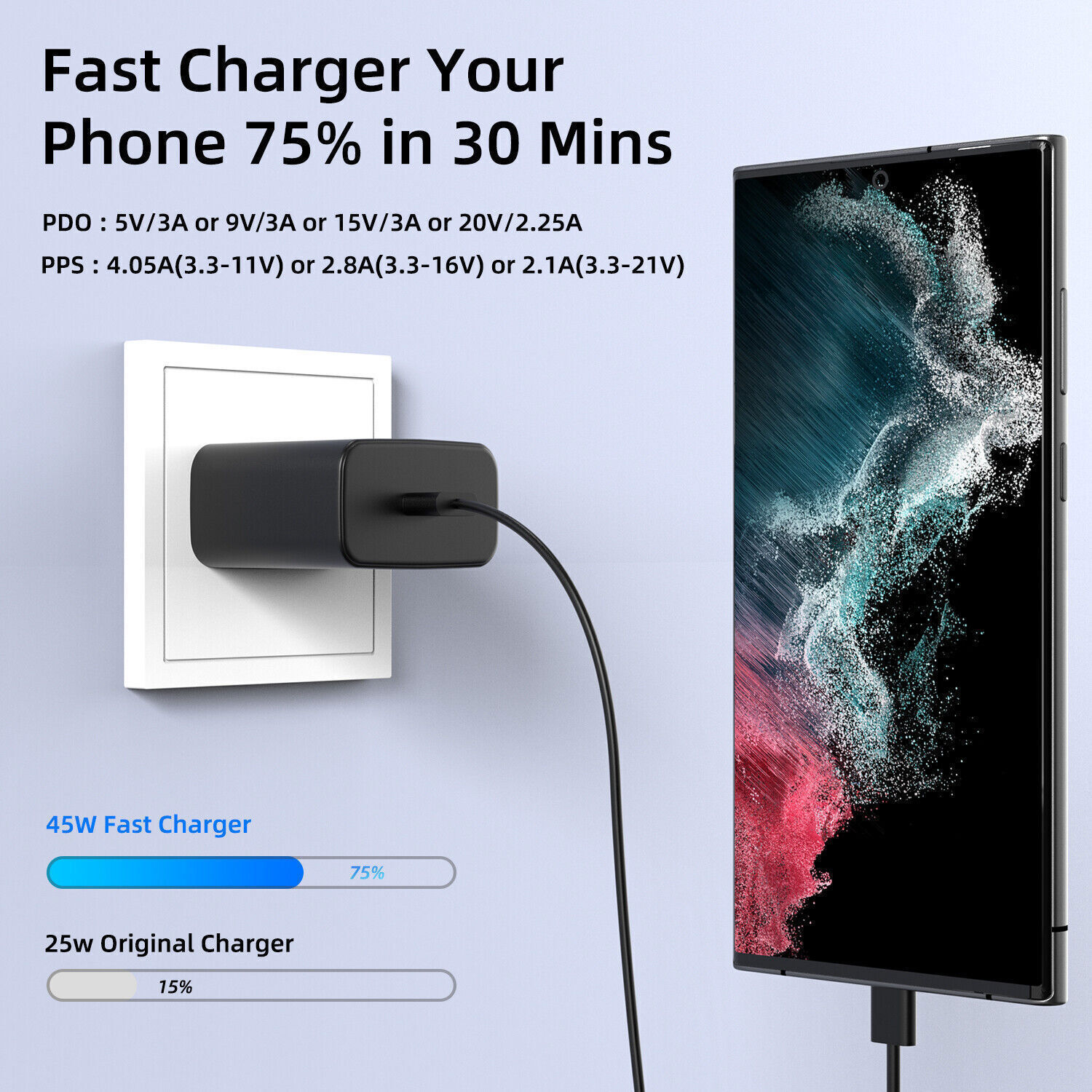 6FT Type-C Charging Cable 45W Fast Charger Adapter for Samsung Galaxy S22 S21 +