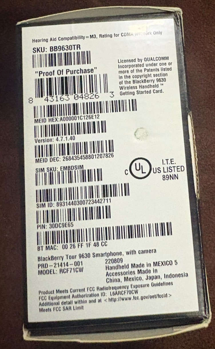 NIB SEALED BlackBerry Tour 9630 – 256 MB – Black (Verizon)