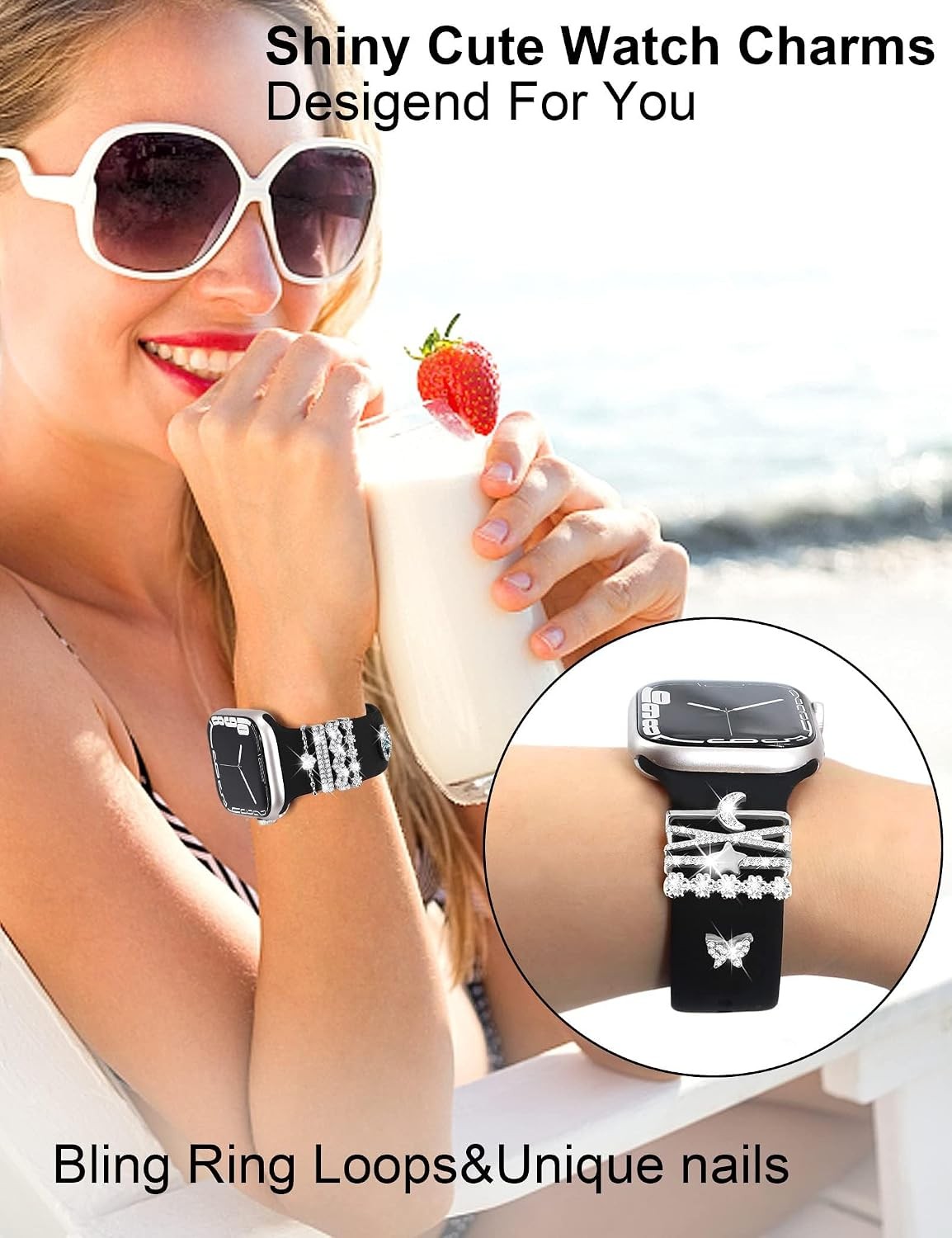 11-Pcs Super Bling Watch Charms with 9-Pcs Decorative Rings Loops for Apple Watc
