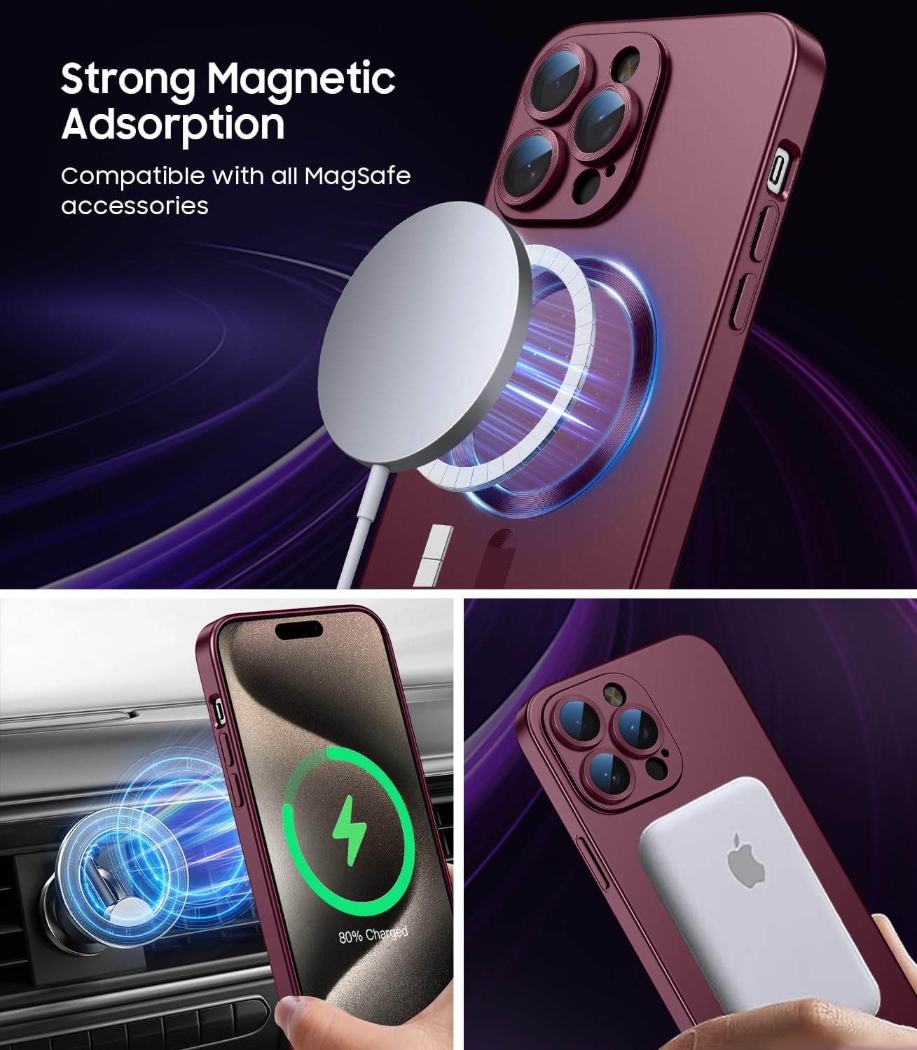 Magnetic for iPhone 15 Pro Case Slim Soft Silicone Bumper Shockproof Burgundy