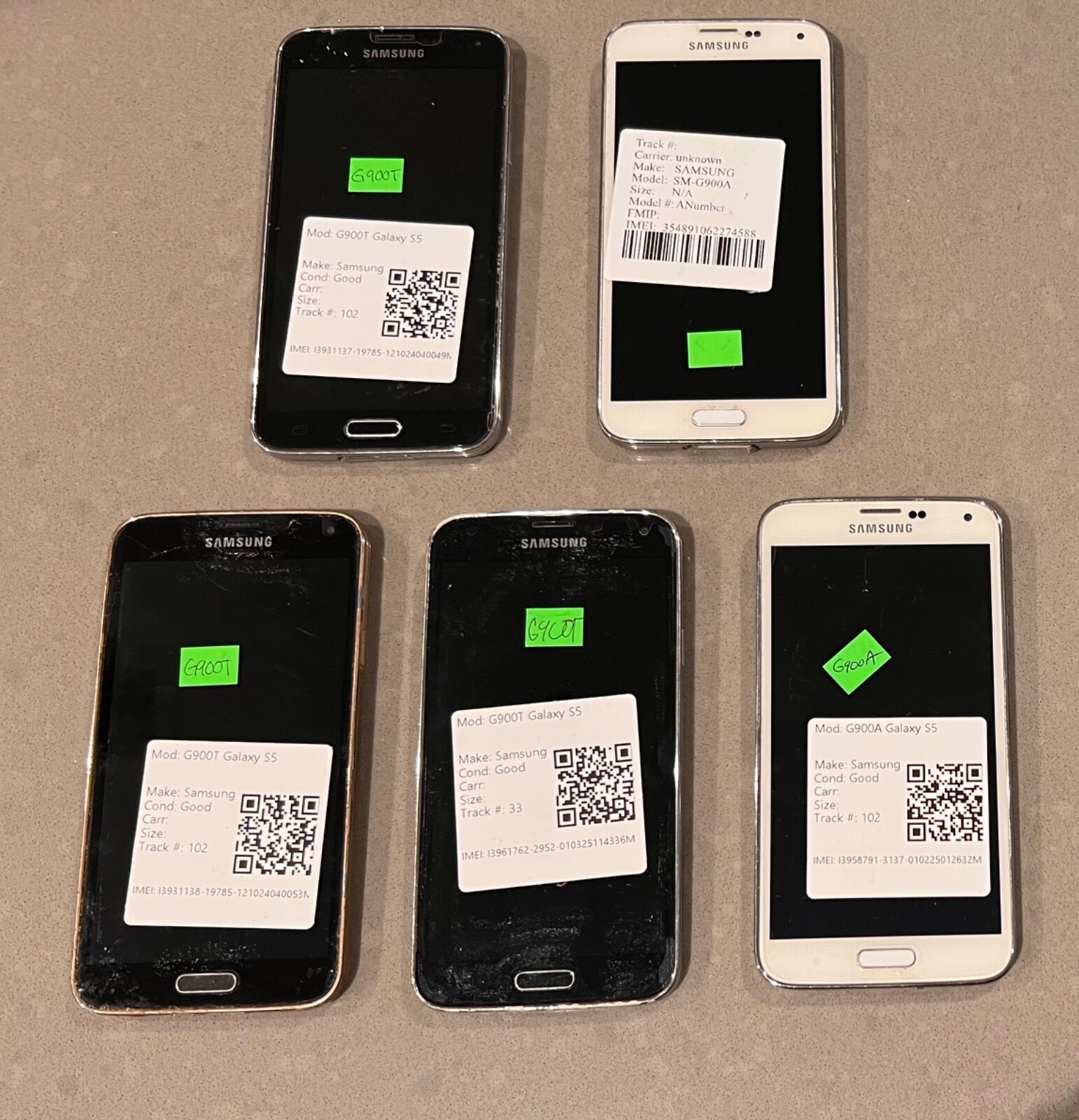 (5) As-is Samsung Galaxy S5 (SM-G900A) G900T 16GB – Black/White