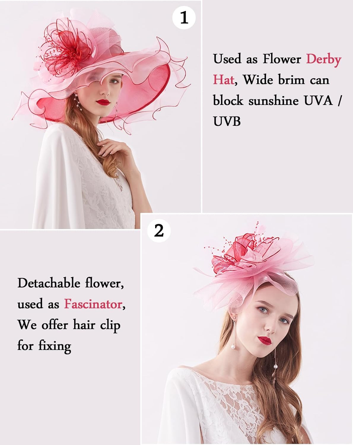 Women’S Kentucky Derby Church Hat Organza One Size 02B- Burgundy and Pink