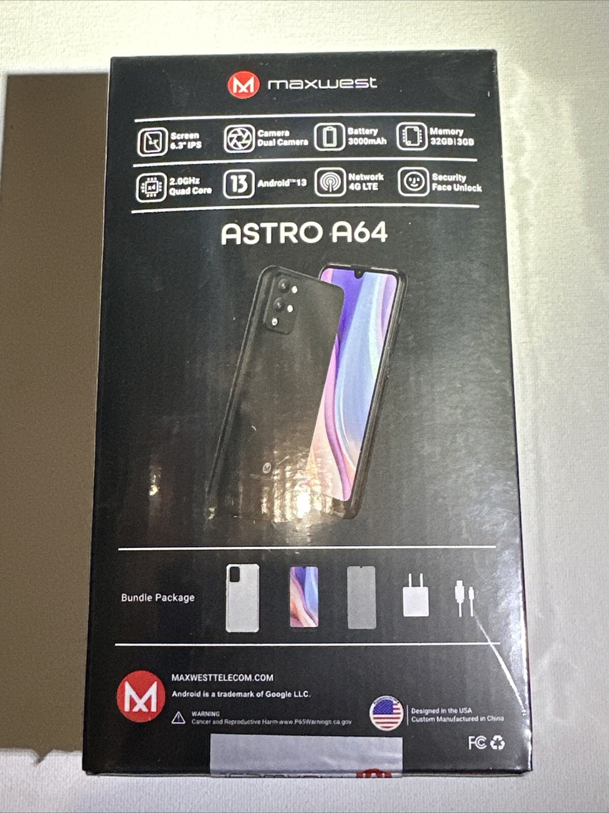 Sealed. Maxwest Astro A64 32GB Dual Sim (Unlocked) Black. Android 13 Cell Phone