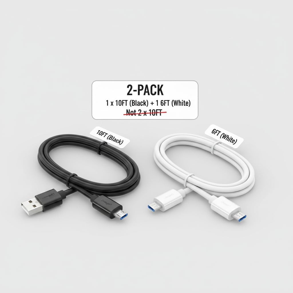 10Ft & 6Ft Micro USB Charging Cables 2-Pack Fast Charge for Android Devices