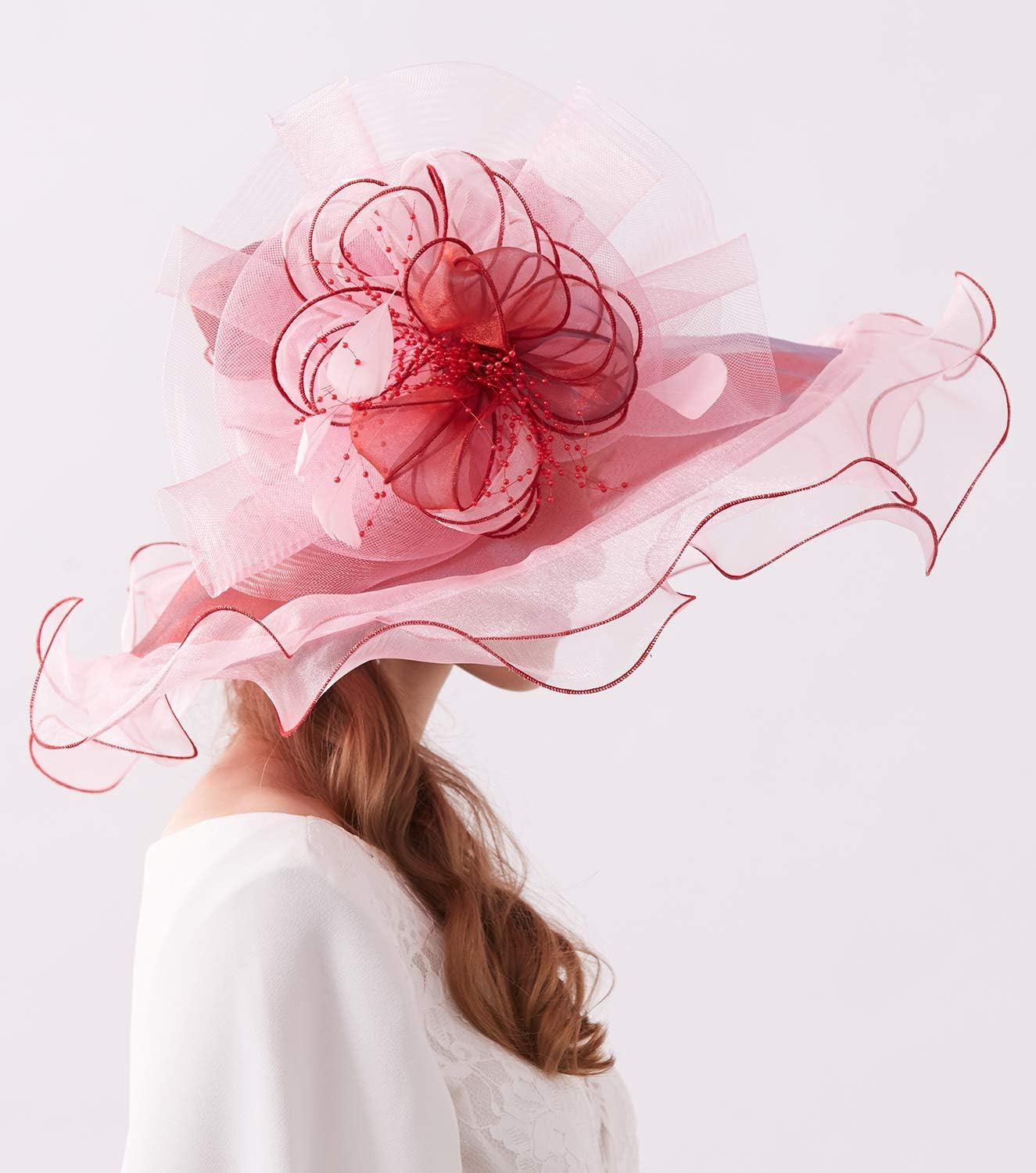 Women’S Kentucky Derby Church Hat Organza One Size 02B- Burgundy and Pink