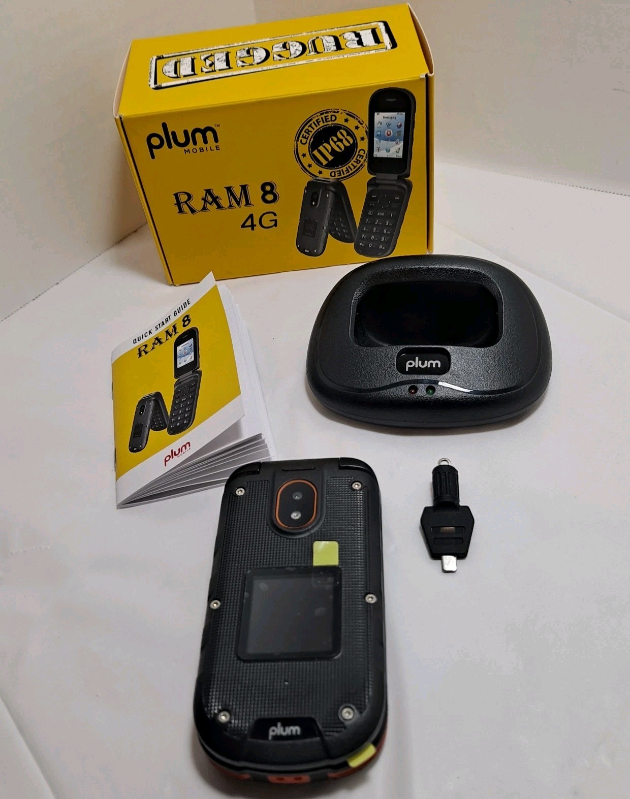 Plum RAM 8 4G Flip Phone E800US IP68 Box & Accessories – For Parts or Repair