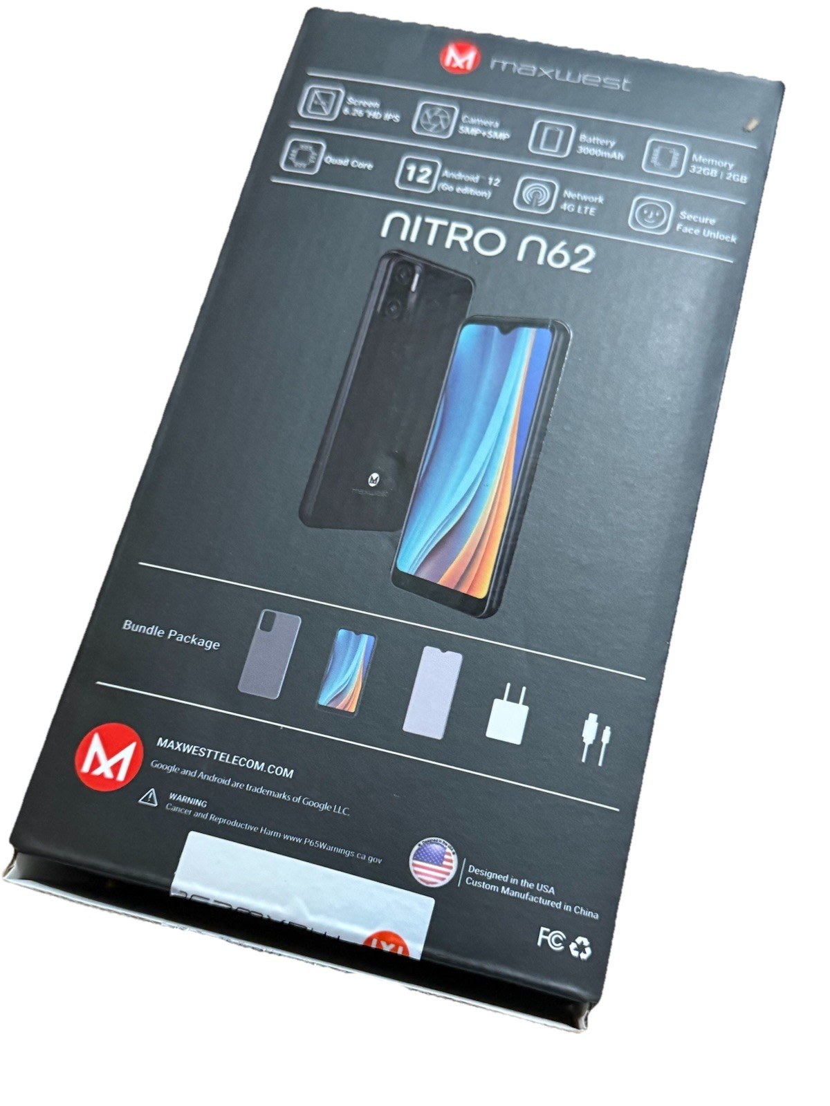 Open Box. Maxwest Nitro N62 PURPLE. 32GB (Unlocked) Dual SIM. Sealed Battery
