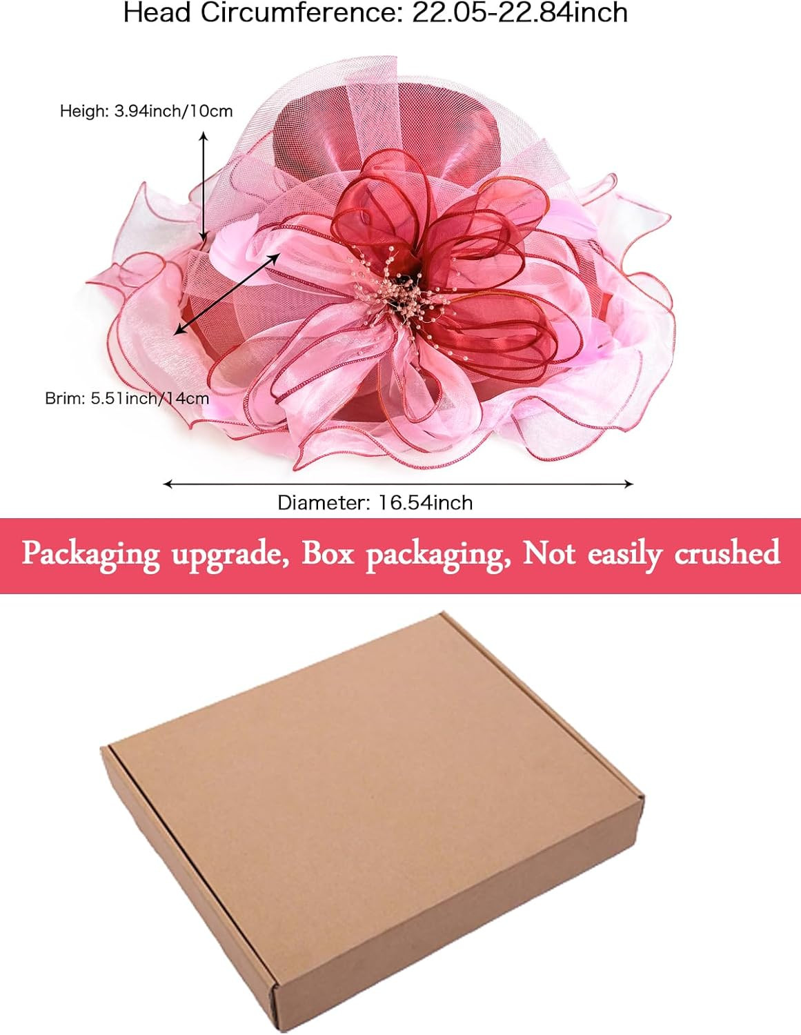 Women’S Kentucky Derby Church Hat Organza One Size 02B- Burgundy and Pink